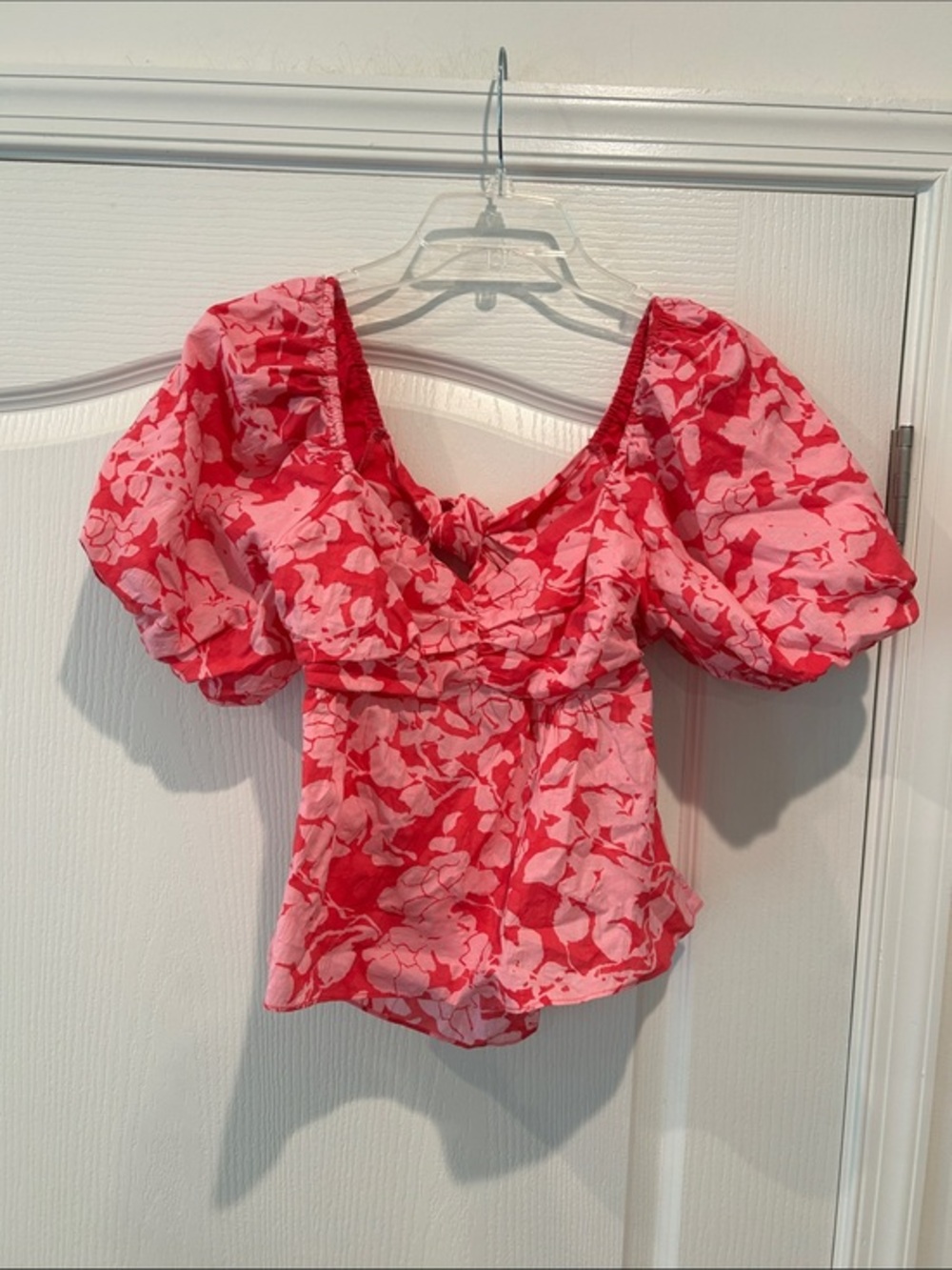 English Factory Red and Pink Floral Puff-Sleeve Blouse
